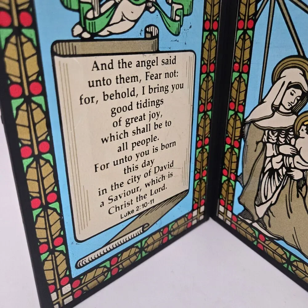 Christmas Nativity Glass Bifold 2 Panels Angels Verses from Luke Reverse Painted